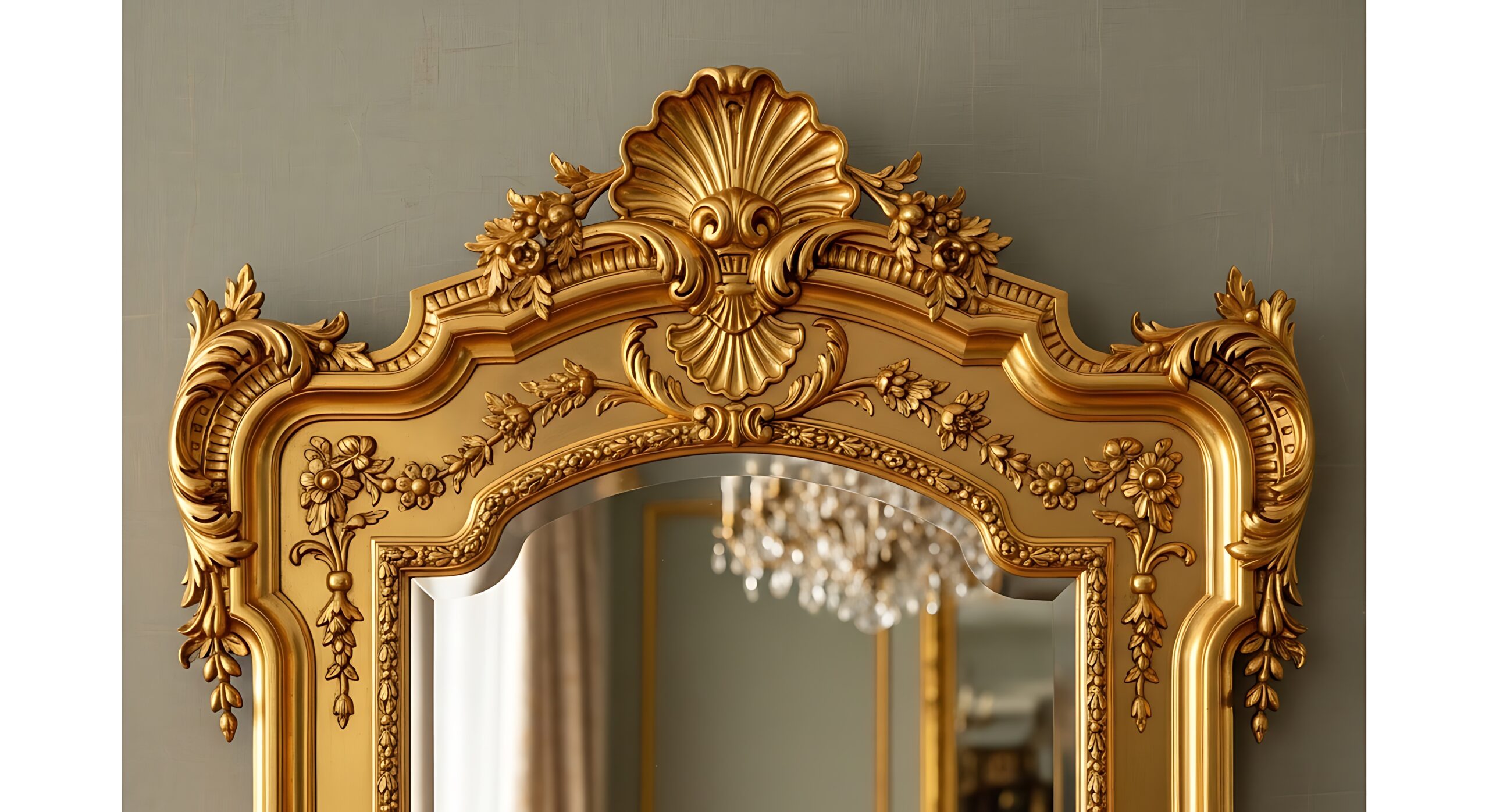 Close-up of an ornate gold mirror featuring intricate details and a reflected chandelier, showcasing elegance and craftsmanship.