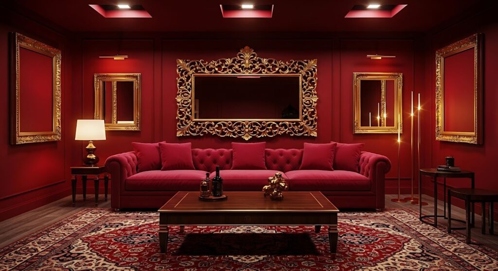 Gold antique mirrors from The Crown Collection in a red decorated room.